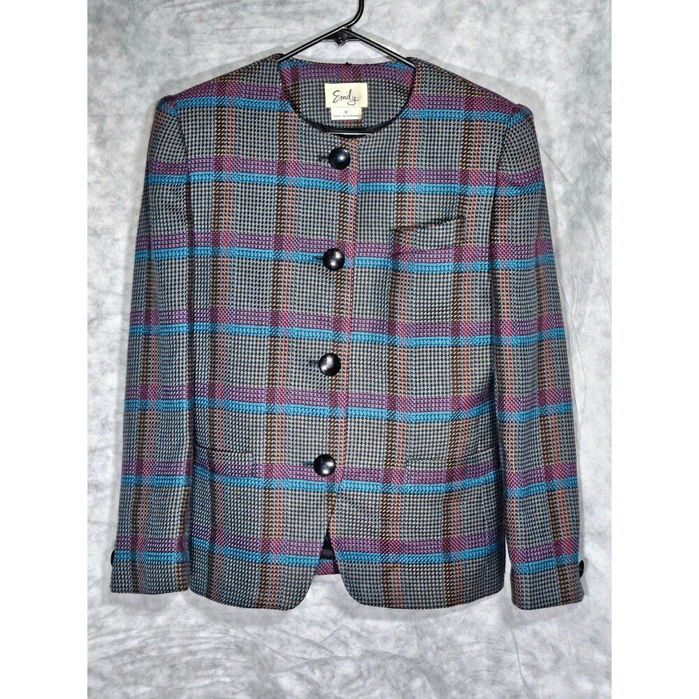 Vintage Emily Womens Size 8 Plaid Wool Blend Blazer Jacket Lined Button Front